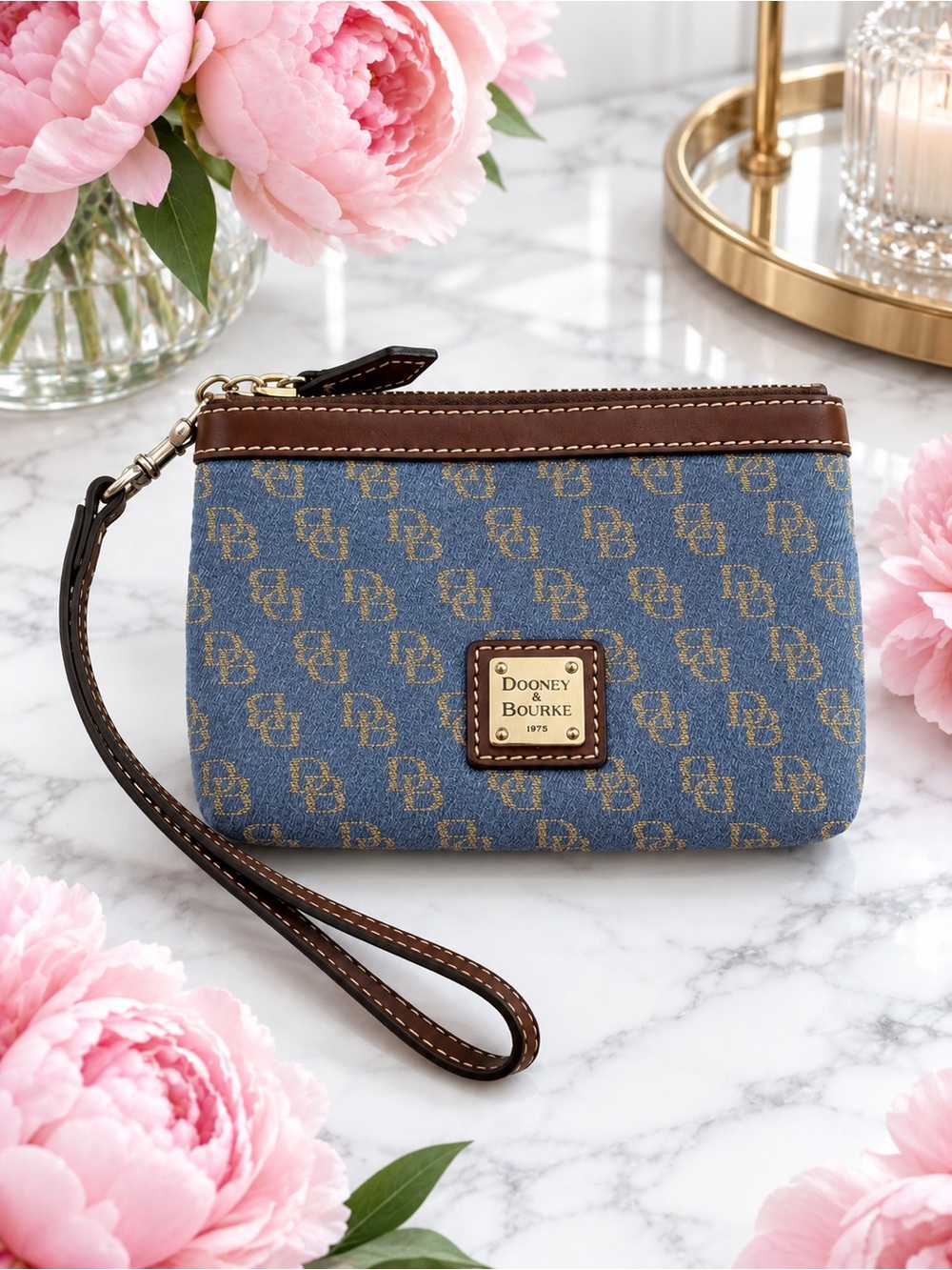 Dooney & Bourke Denim Monogram Wristlet Brown Leather EUC Zip Pouch